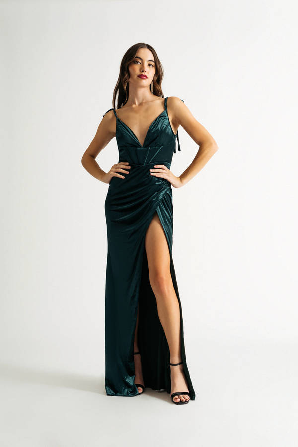Remember Me Emerald Green Velvet Prom Bustier Slit Maxi Dress