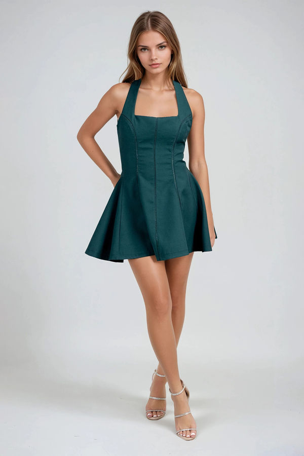 Twirl Charm Halter Bow Mini Dress - Emerald Green