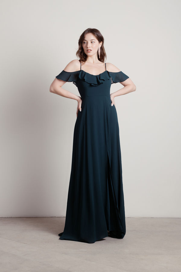 Just Yearning Emerald Ruffle Slit Long Cocktail Dress