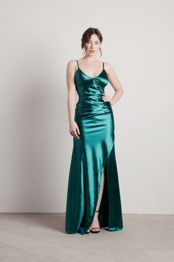Knightly Dreams Emerald Satin High Slit Maxi Dress