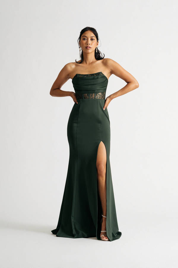 Sabrina Emerald Strapless Lace Satin Slit Maxi Dress