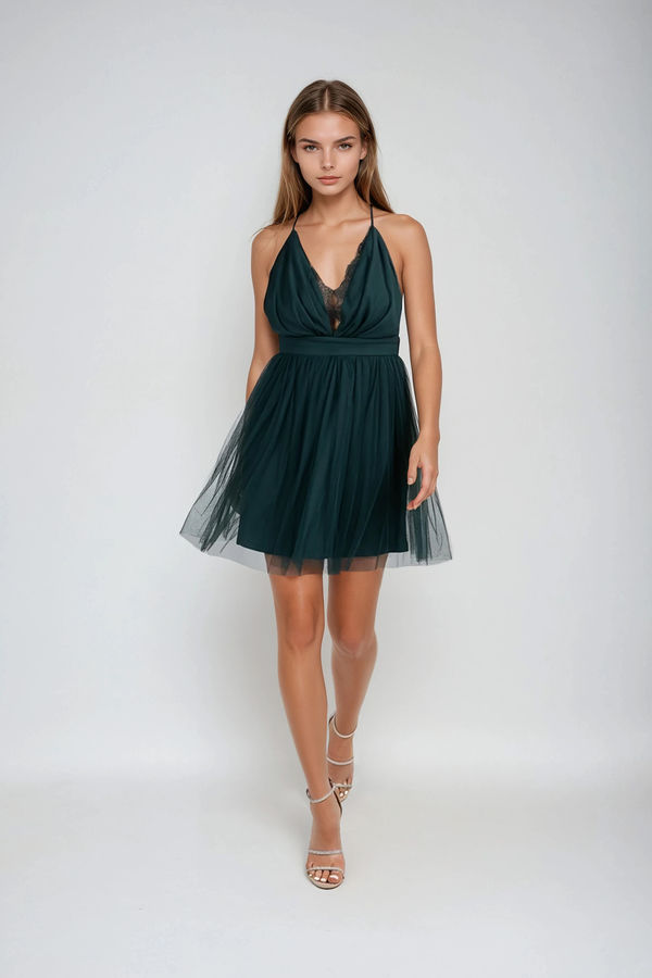 Silken Fire Plunging Tulle Mini Dress - Emerald