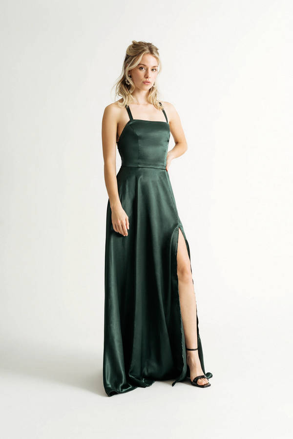 Too Dramatic Emerald Satin Lace-Up Slit Maxi Dress