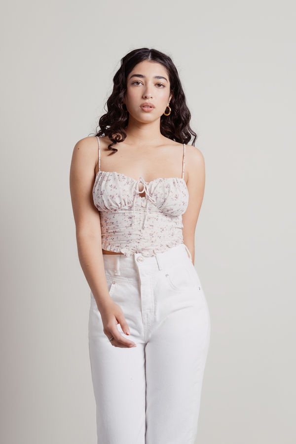 Let Me Know Floral Off-White Handkerchief Ruched Crop Tank