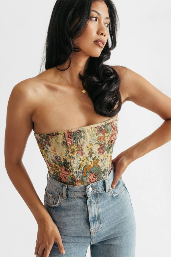 Elizabethan Gold Multi Floral Lace-Up Corset Bustier $70 | Tobi US