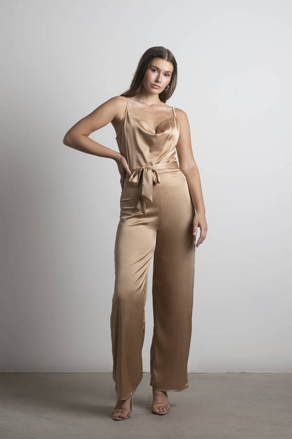 That One Time Gold Satin Cowl Neck Formal Jumpsuit