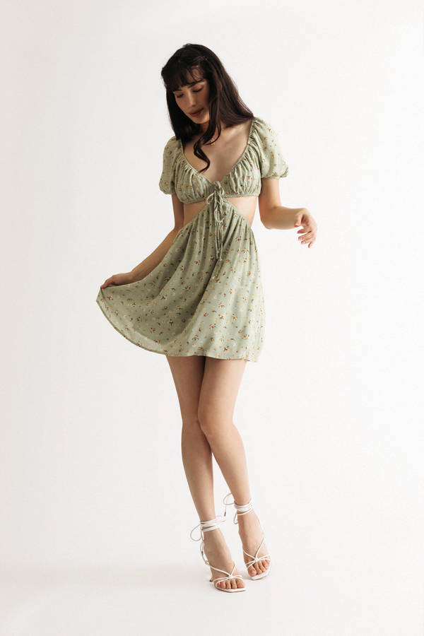 Kyrah Green Floral Puff Sleeve Cutout Skater Mini Baby Shower Dress