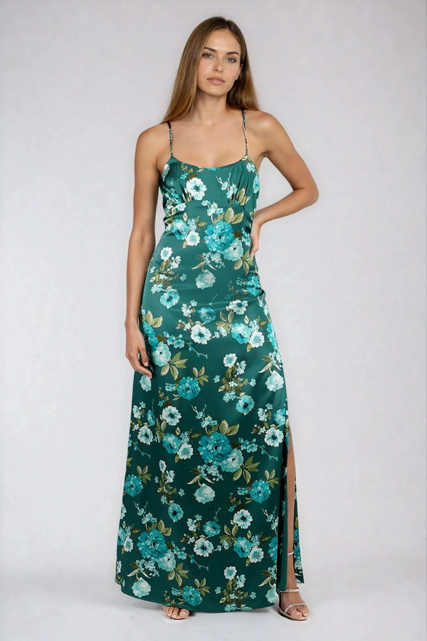 Make Me Yours Floral Satin Maxi Dress - Green Floral