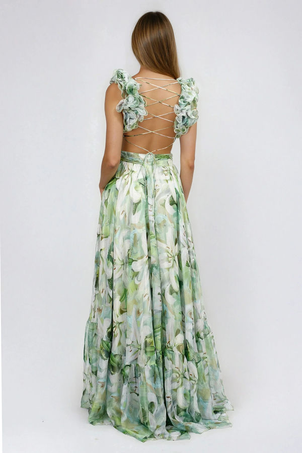 Glow Mode On Floral Lace Up Maxi Dress - Green