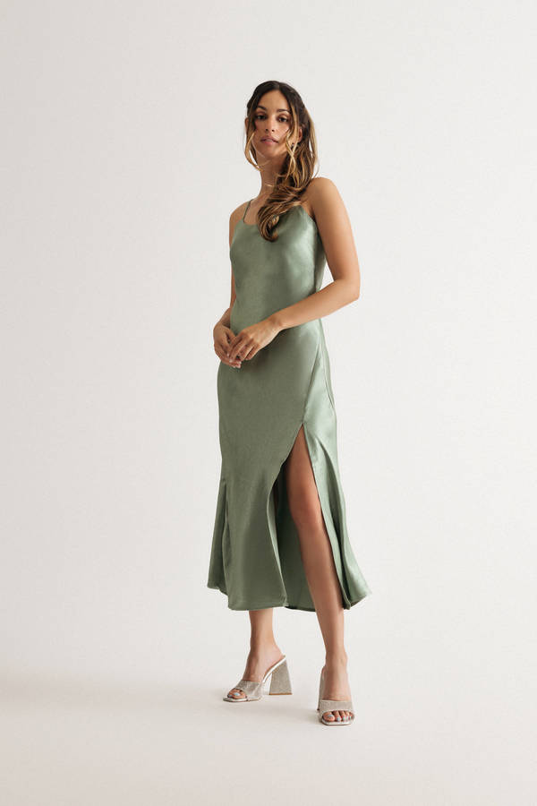 Kylah Green Satin Slit Slip Midi Dress