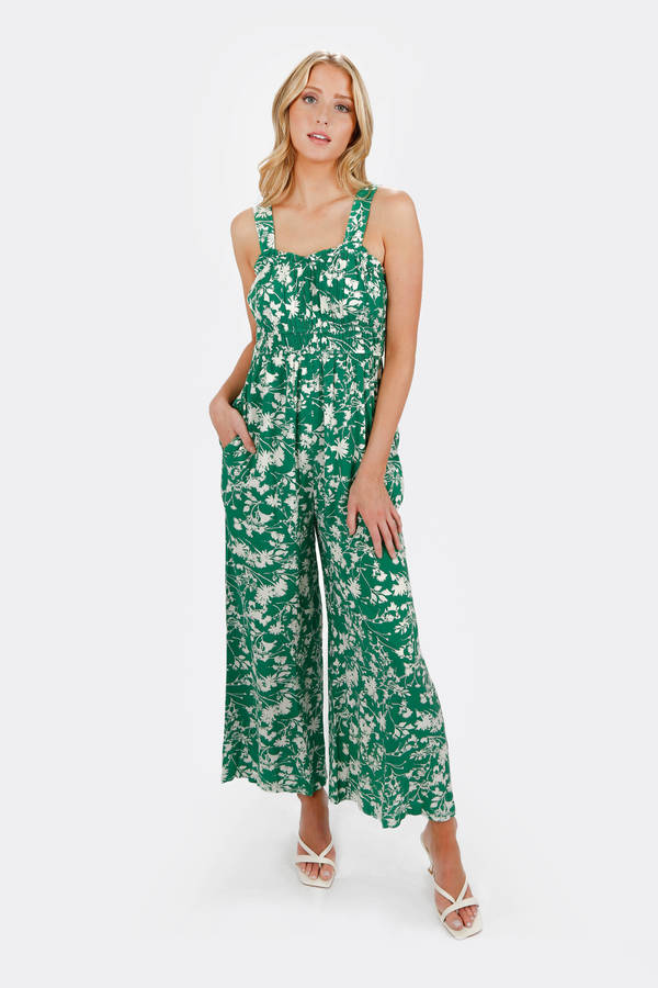 Zaya Green Flower Print Wide Leg Flowy Jumpsuit 