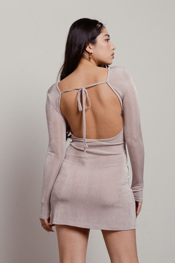 Millie Greige Long Sleeve Backless Tie Bodycon Cocktail Wedding Guest Dress