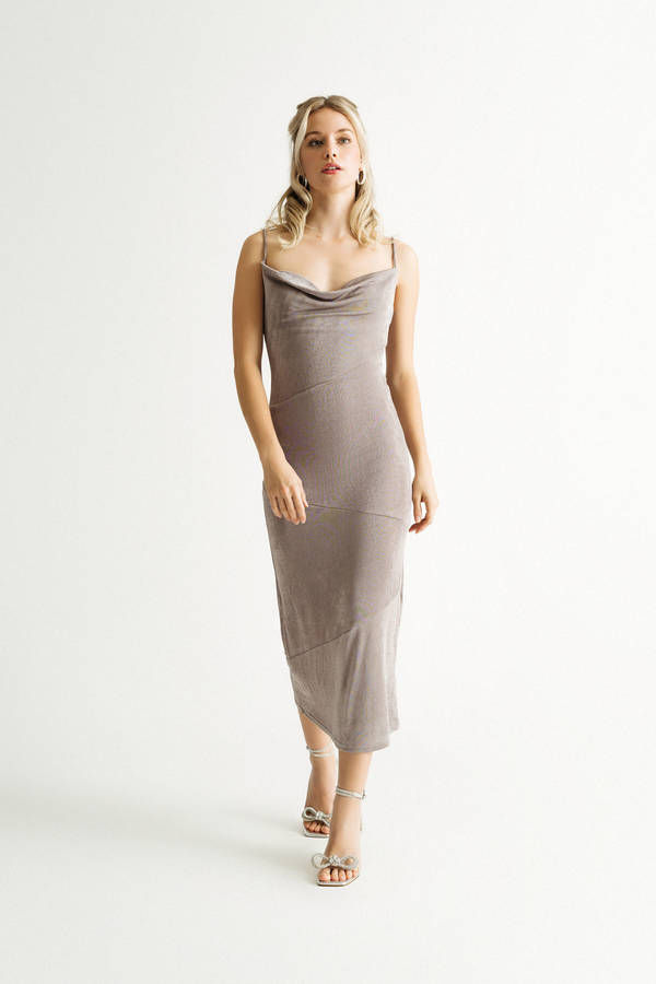 Aleisha Grey Slinky Knit Cowl Neck Midi Dress