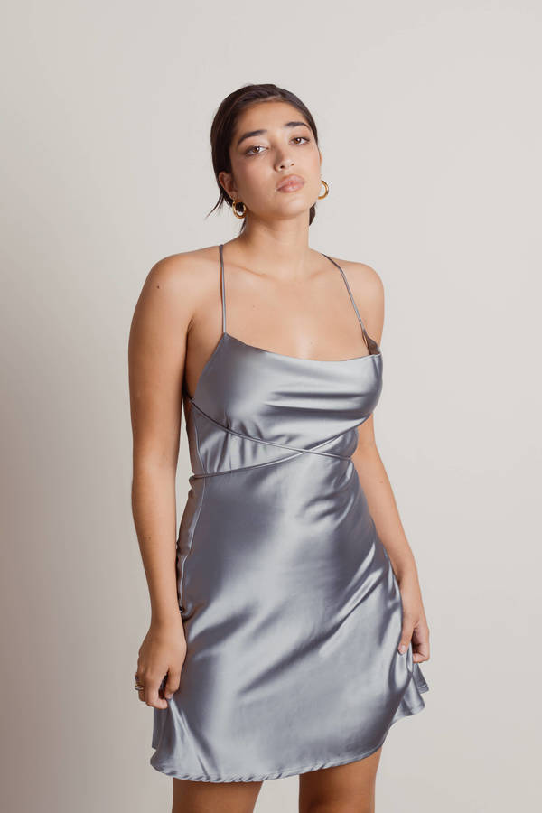 Grey Sage Mini Dress Cowl Neck Dress Satin Mini Dress