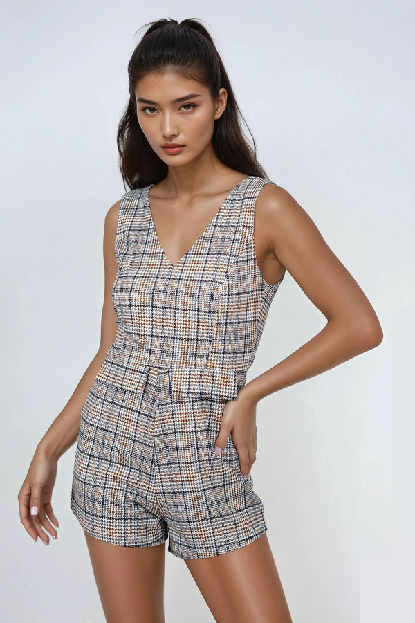 Timeless Charm Plaid Romper - Grey