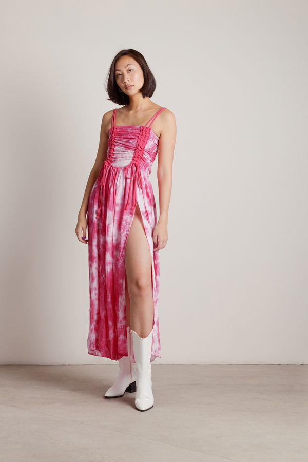 Give Me Attention Hot Pink Tie-Dye Ruched Slit Maxi Dress