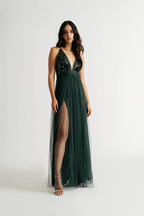 Just Like That Hunter Green Plunging Sequin Proms Mesh Maxi Dress