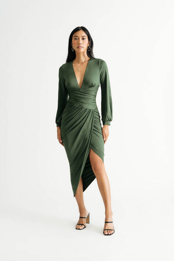 Kentrell Hunter Green Deep V Ruched Bodycon Midi Dress