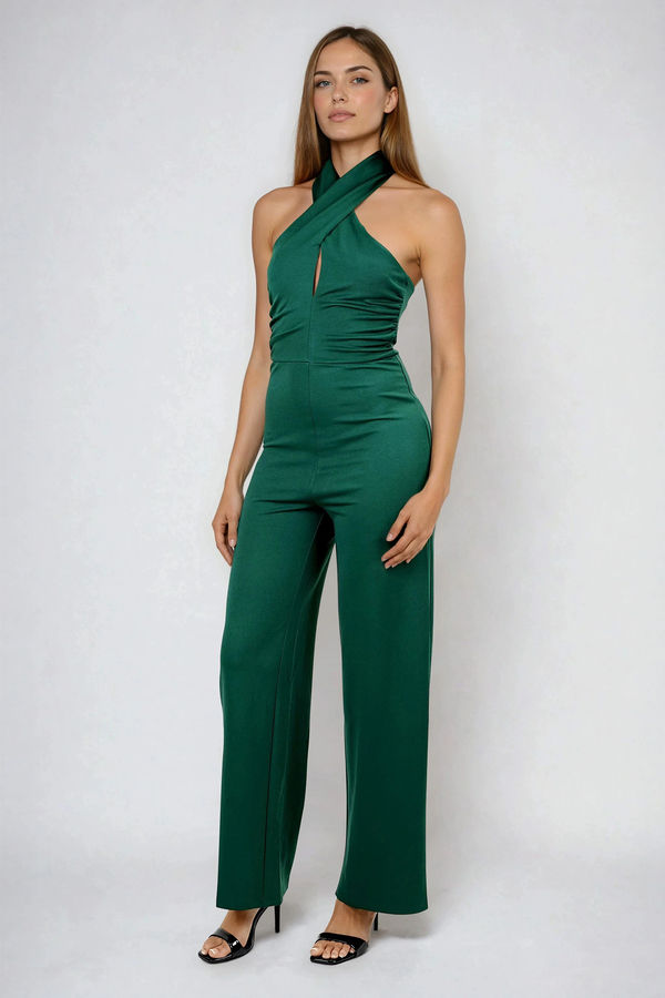 Pretty Problem Cross Halter Jumpsuit - Hunter Green