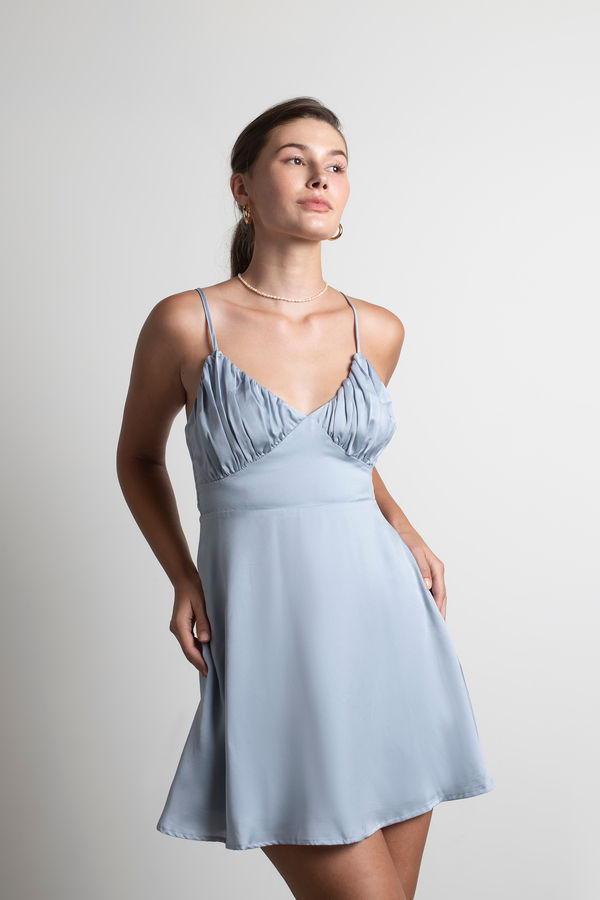 Heavenly Touch Icy Blue Satin Ruched Mini Skater Dress