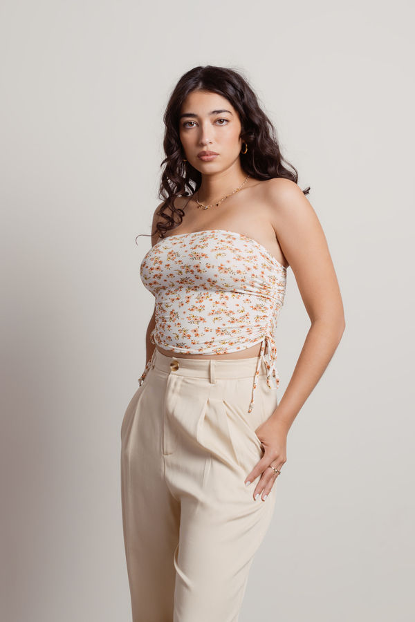 Used To Love Ivory Coral Floral Ruched Tube Crop Top