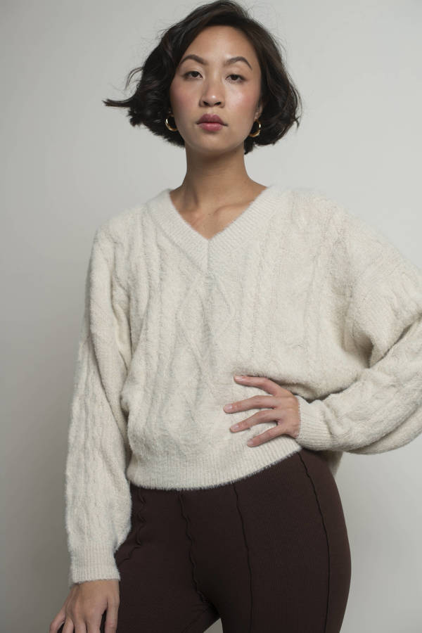 Cuddle Season Ivory Fuzzy Cable Knit Sweater