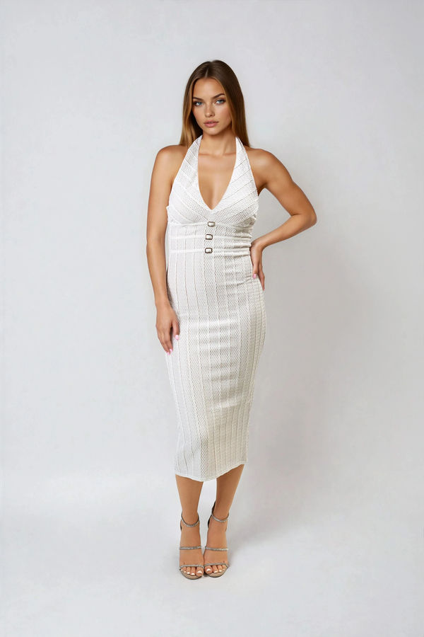Dangerously Chic Halter Bodycon Midi Bridal Shower Dress - Ivory White