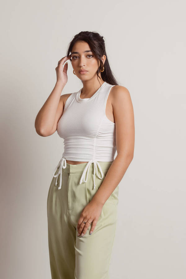 Get Outta Here Ivory Ribbed Double Ruched Crop Tank Top