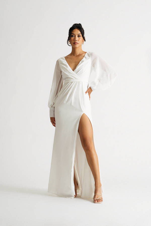 Ladies Only Ivory Sheer Long Sleeve Slit Maxi Dress