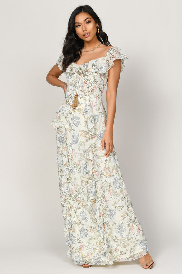 Layna Ivory Multi Off The Shoulder Wedding Guest Ruffle Maxi Dress