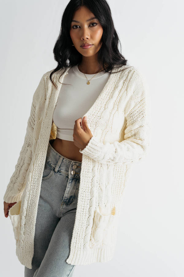 Ivory Long Cardigan Sweater - Chunky Cable Knit Sweater