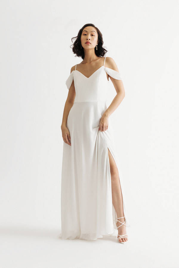 Nelli Ivory Detachable Draped Sleeves Slit Maxi Gala Dress