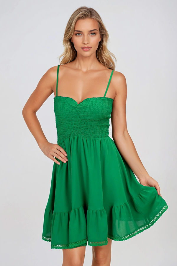 Start Fresh Lace Trim Smocked Mini Dress - Kelly Green