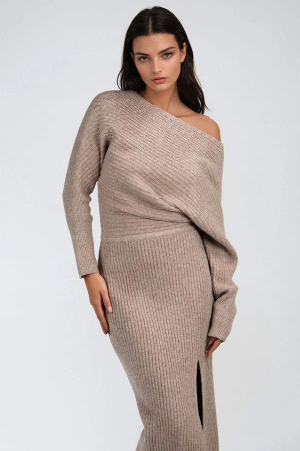 Winter Luxe One Shoulder Sweater Midi Dress - Latte