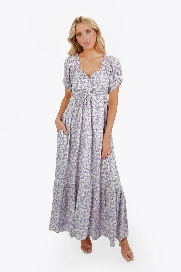 Jillian Lavender Cinched Ruffle Detail Floral Wedding Guest Print Maxi Dress 