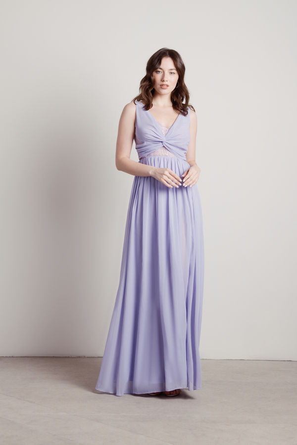 Natasha Purple Prom Lace Chiffon Knotted Slit Maxi Dress