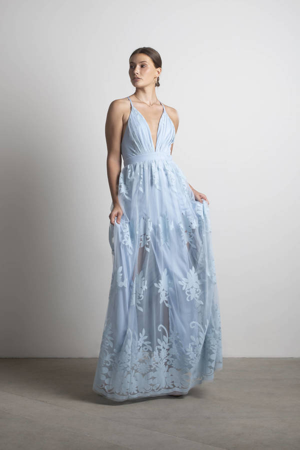 Analise Light Blue Plunging Floral Maxi Winter Wedding Guest Dress