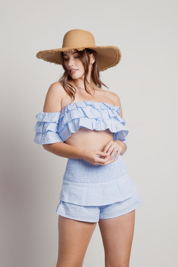 Yacht Party Light Blue Off Shoulder Ruffled Crop Top and Shorts Set