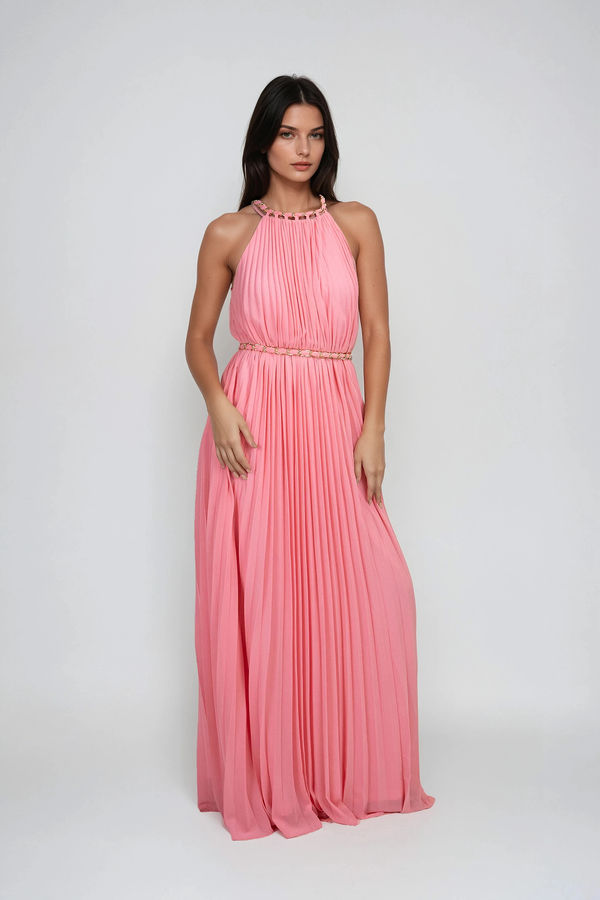 Honey Chain Halter Pleated Maxi Dress - Light Coral