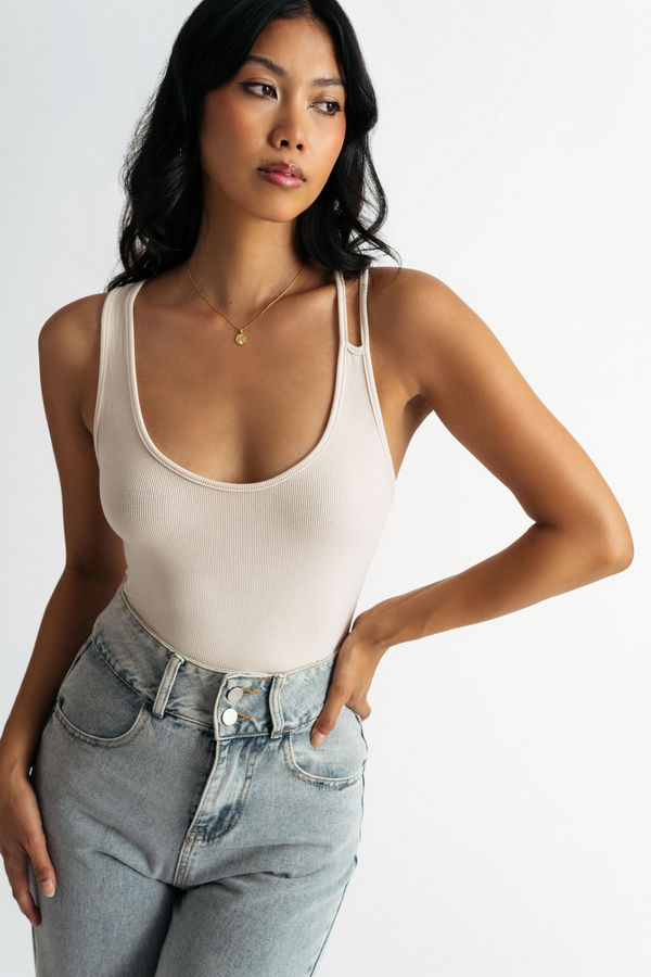 Only Need Me Light Taupe Cross Back Strap Bodysuit