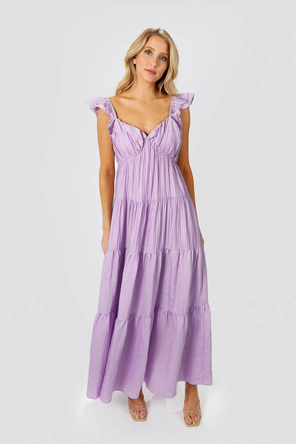 MaryJane Lilac Crinkled Ruffle Sleeve Deep Shirred Maxi Dress