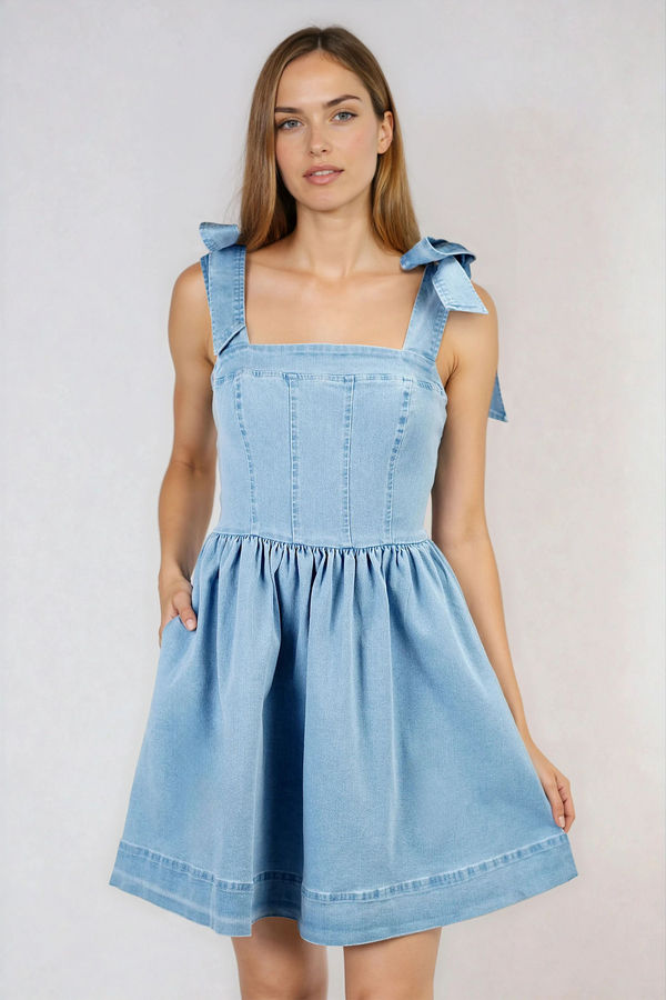 Serve Vibes Shoulder Tie Denim Mini Dress - LT Denim