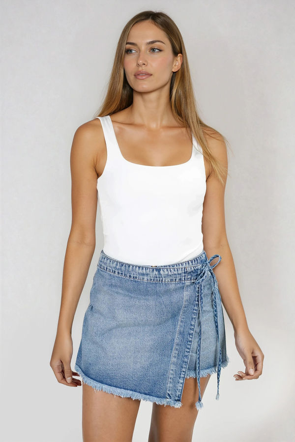 Vibin' Hard Overlapping Denim Mini Skort - Lt Wash