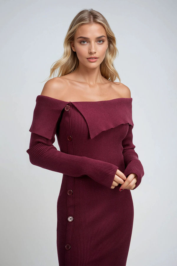 Femme Allure Buttoned Off Shoulder Midi Dress - Maroon