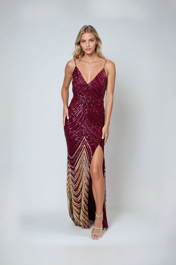 Moonlit Daze Ombré Sequin Maxi Dress - Maroon