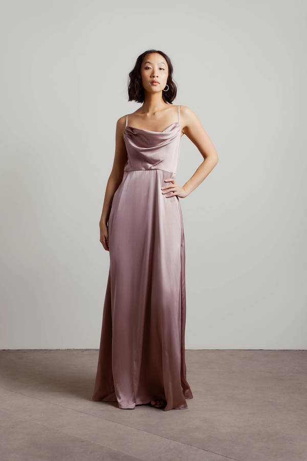 Alessandra Mauve Cowl Neck Satin Prom Maxi Dress