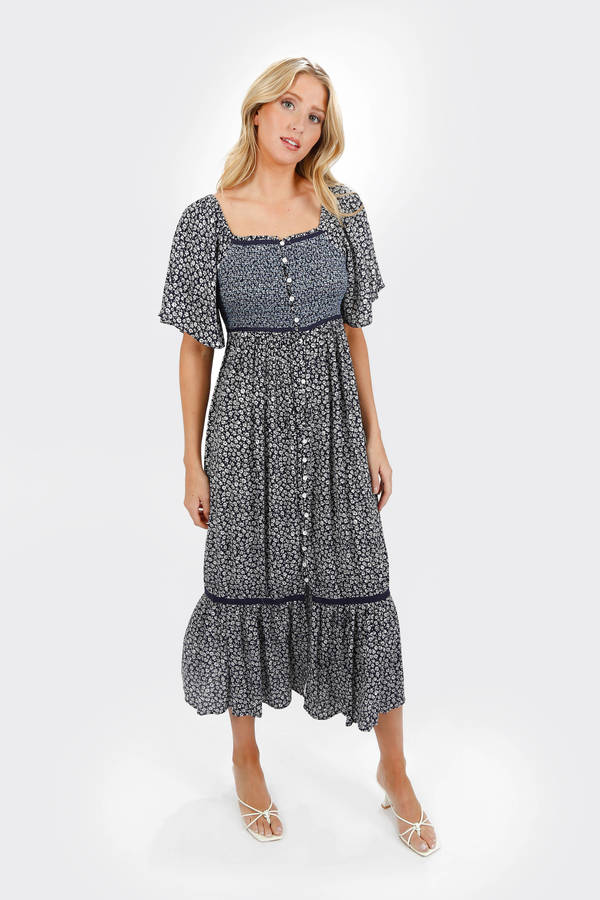 Maeve Midnight Button Front Smocked Short Sleeve Casual Midi Dress