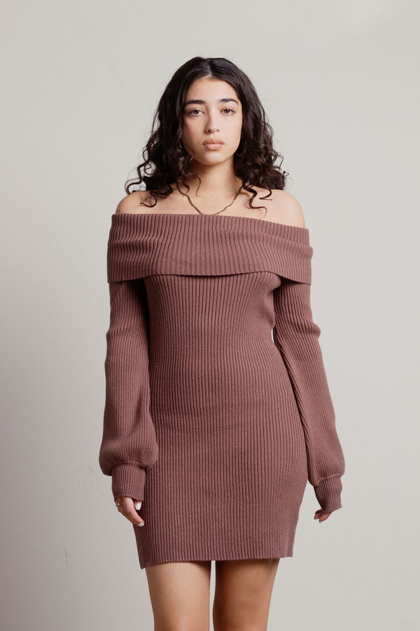 Mocha Sweater Dress - Balloon Sleeve Sweater Dress - Brown Ribbed 