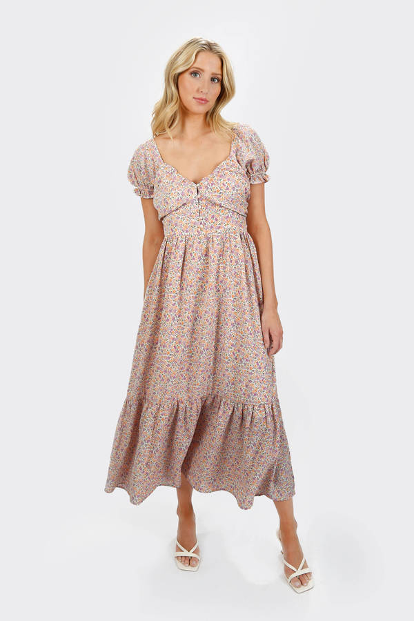 Alaia Multi Floral Sweetheart Dress with Buttons