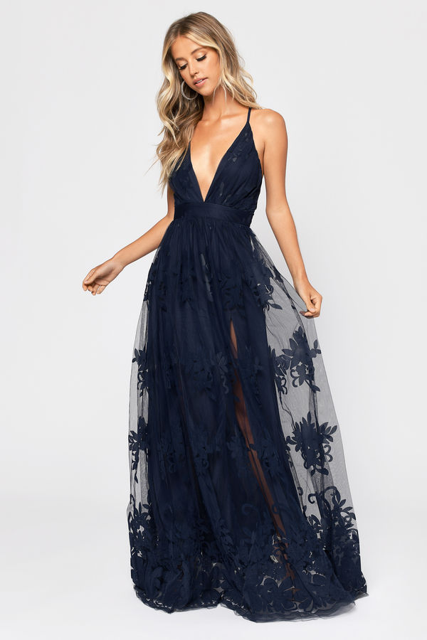 Analise Navy Blue Formal Plunging Floral Maxi Dress